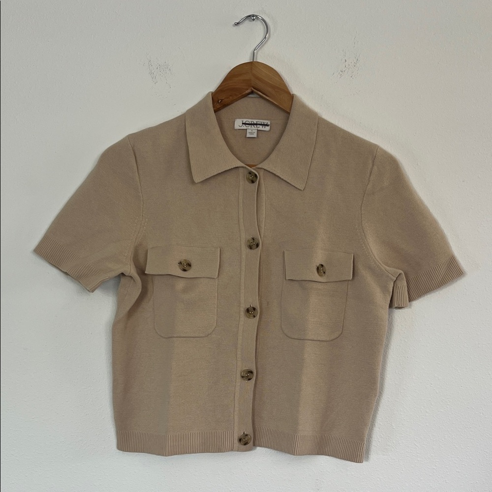 Tan Short Sleeve Button-Up Sweater